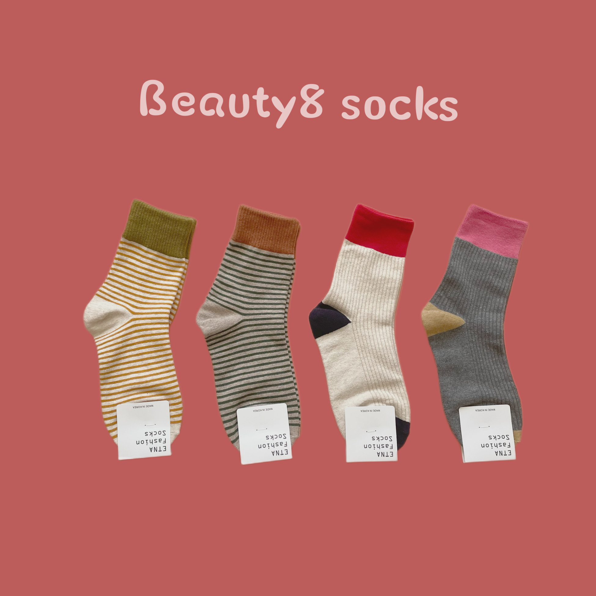 可爱好搭的韩国女生袜子 ETNA拼色跟中筒袜复古风撞色女棉袜 春秋