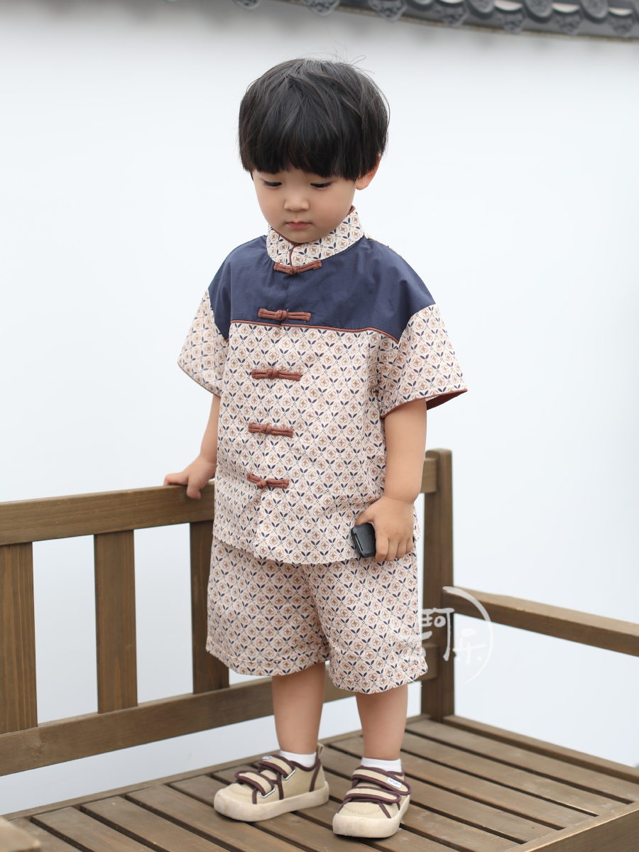 2025夏新款男童新中式衬衫套装国风全棉男孩对襟唐装儿童短袖衬衣
