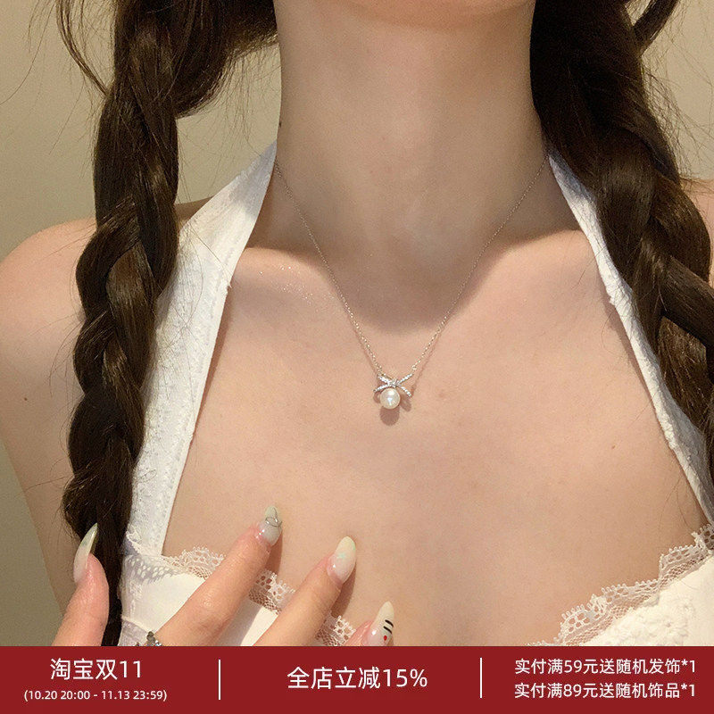 林肉完珍珠蝴蝶结项链choker