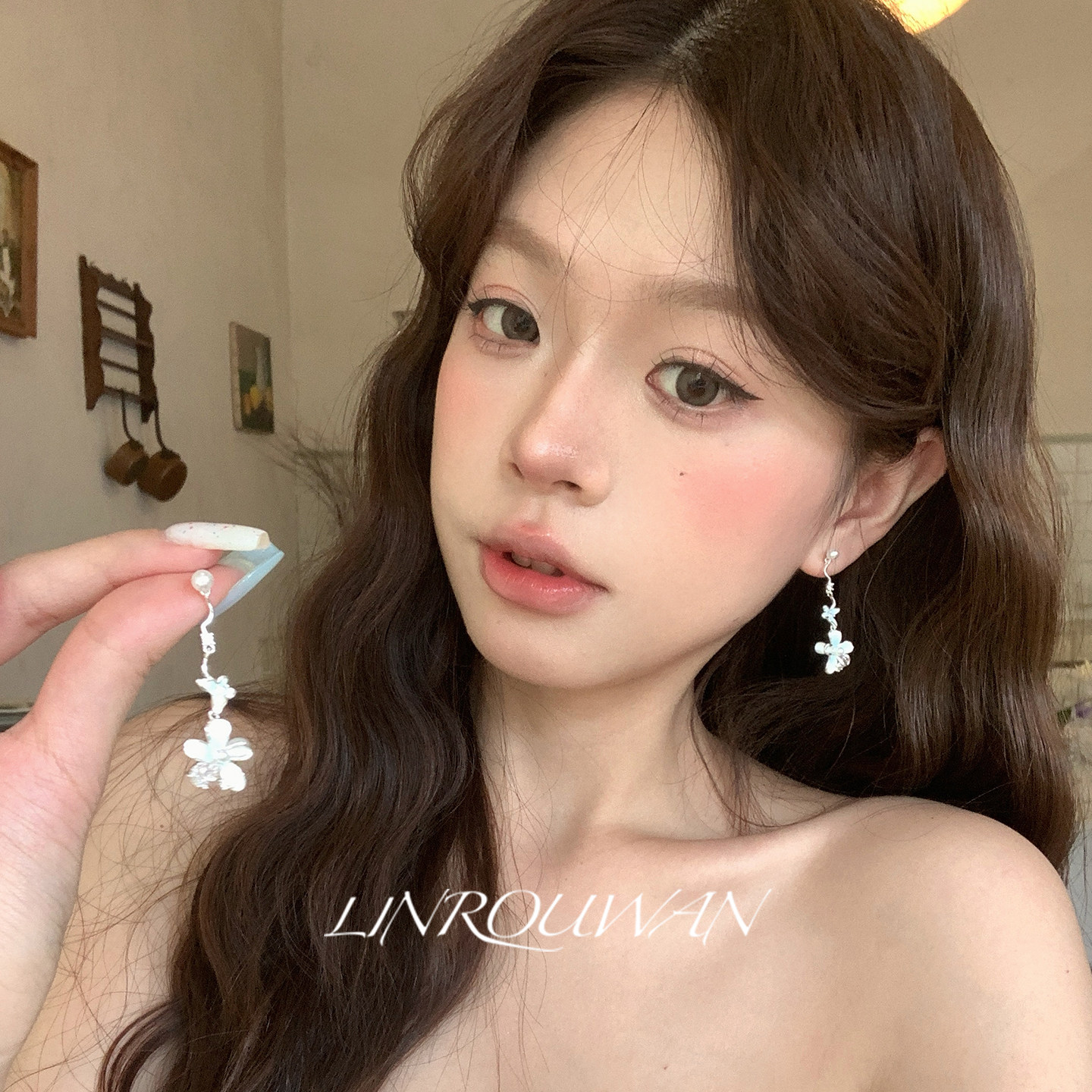 林肉完 超仙蓝白渐变五瓣花耳钉流苏耳坠小众轻奢高级感绝美耳环