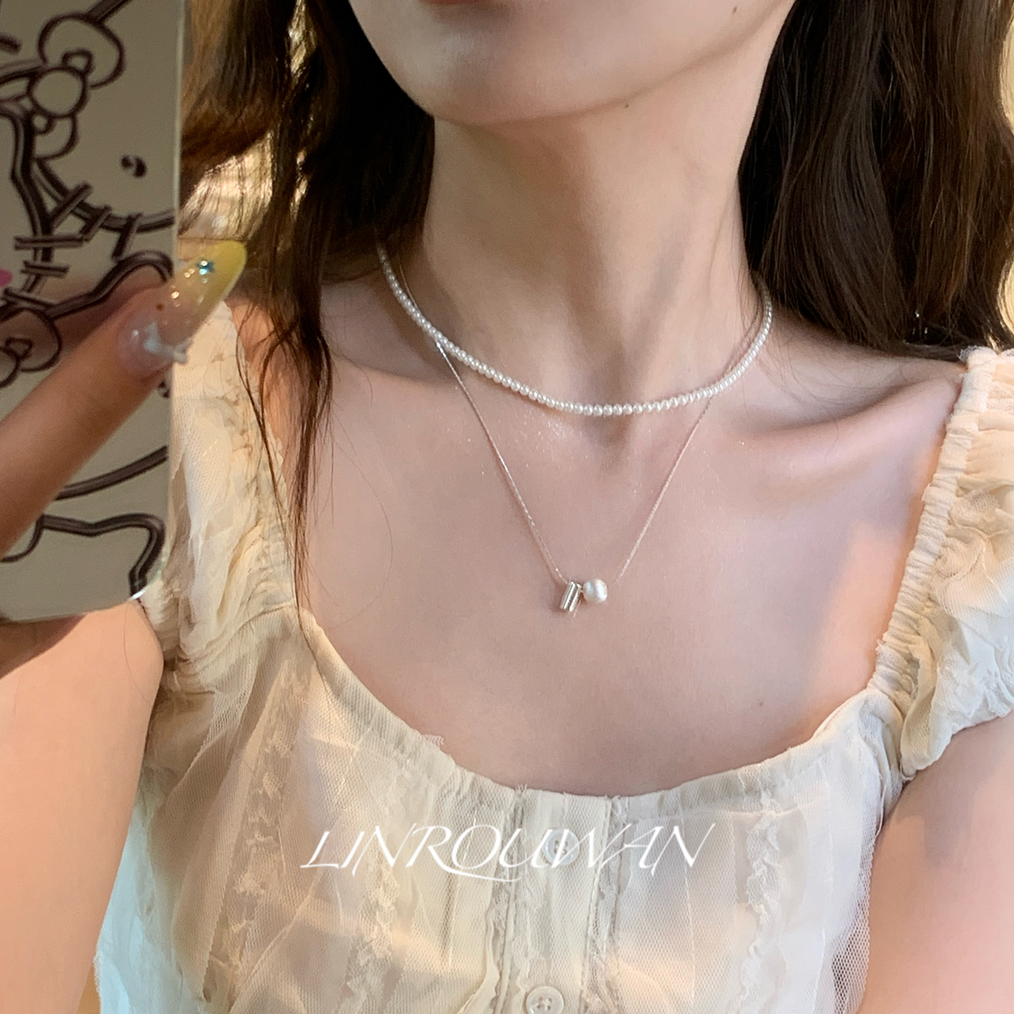 拉丝银球珍珠双层项链