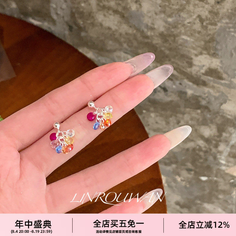925纯银彩色锆石耳钉女轻奢