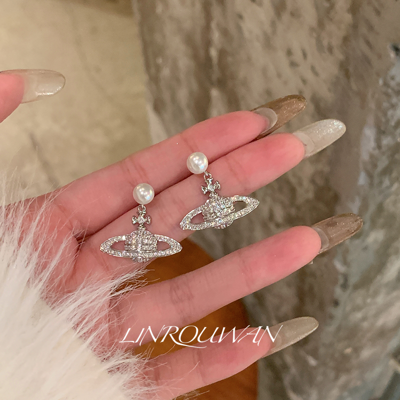 法式美神微镶锆石土星珍珠耳环