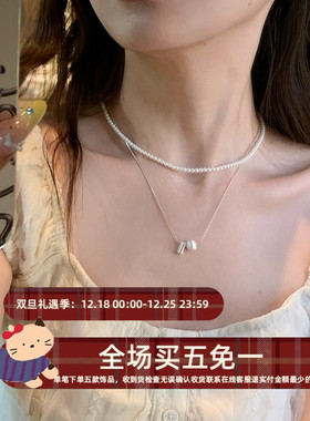 拉丝银球珍珠双层项链