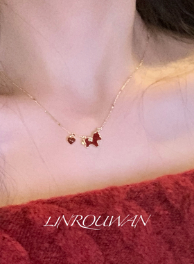 新年红色滴油金边小马项链