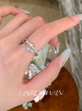 奶芙蓝蝴蝶结双层开口戒