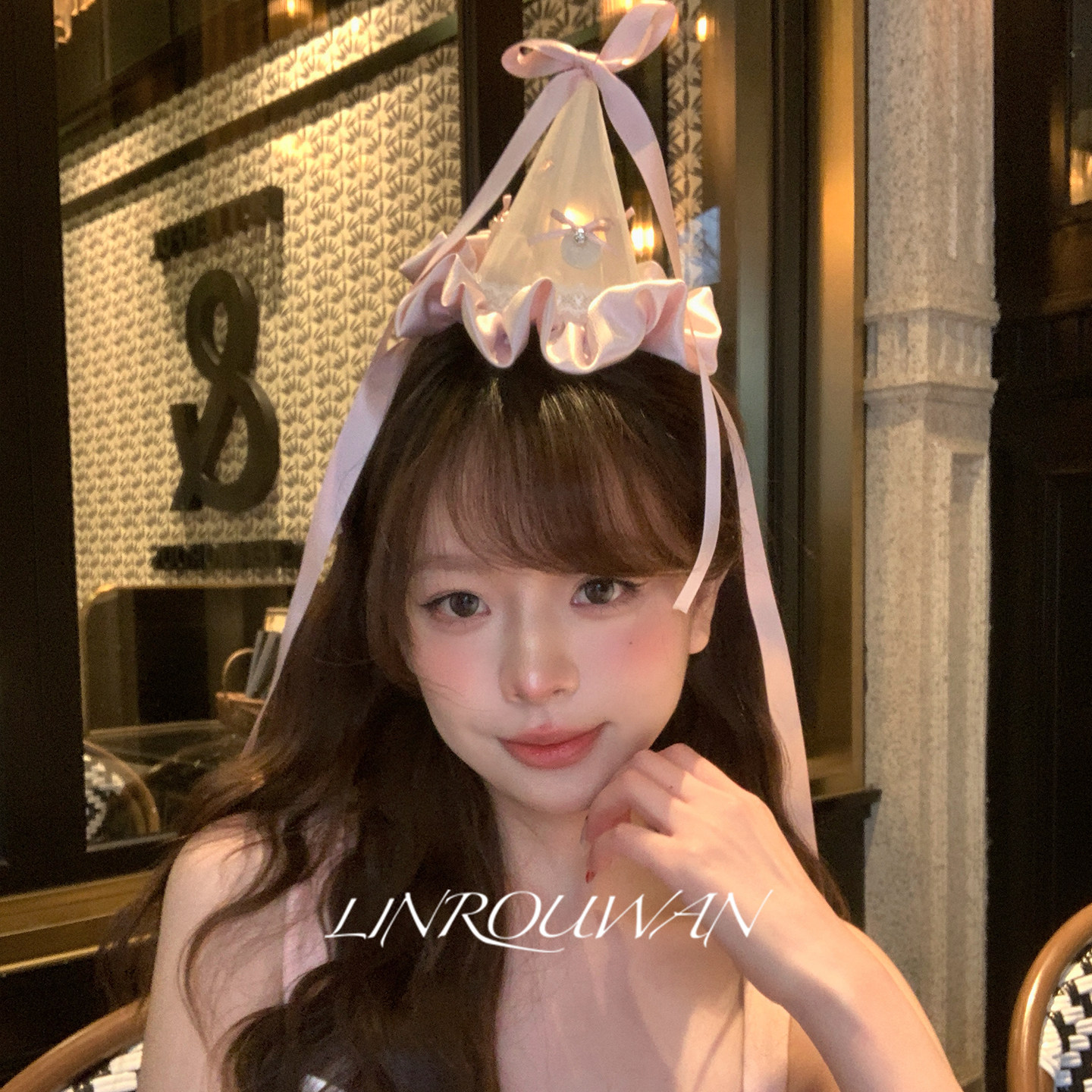 公主殿下粉色蕾丝蝴蝶结生日帽发夹拍照氛围感发卡生日快乐发饰