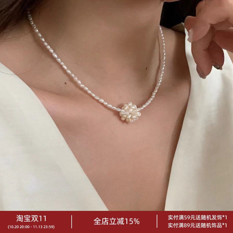 韩国淡水珍珠绣球925银花朵项链