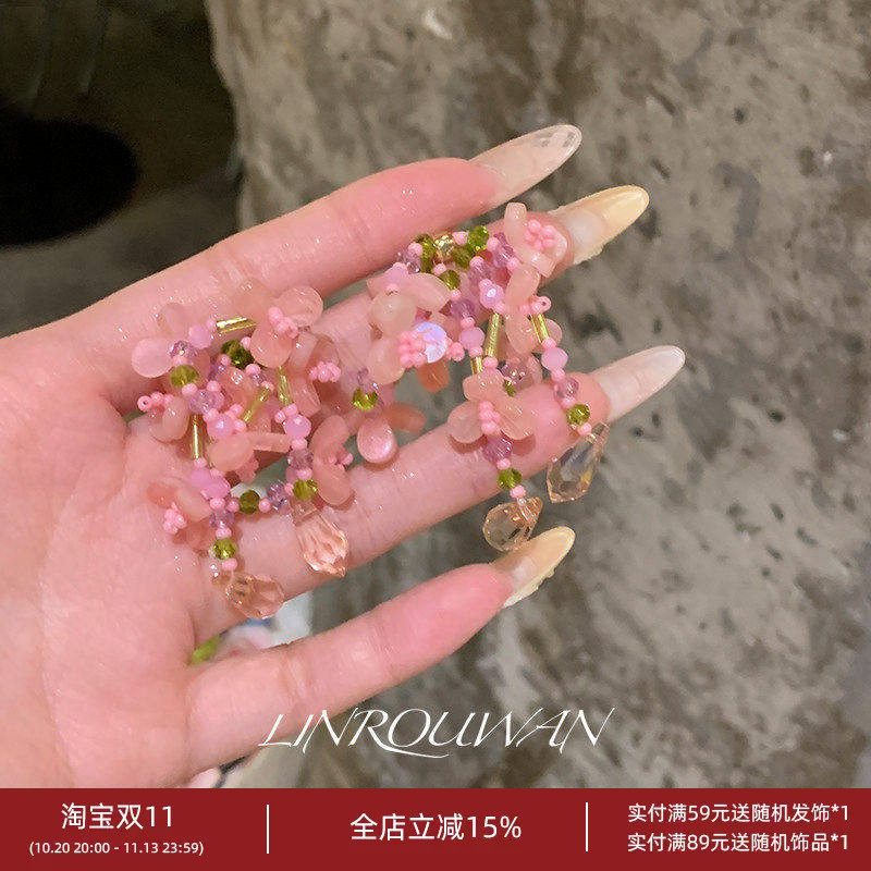 花团锦簇 油画后花园蝴蝶结花朵串珠耳钉甜美少女心水滴流苏耳饰