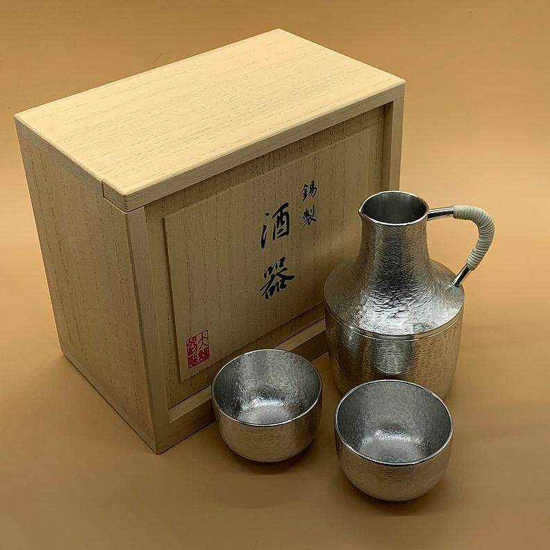 日本原装大阪锡器弥生纯锡酒具套装酒壶醒酒工杯酒杯3件