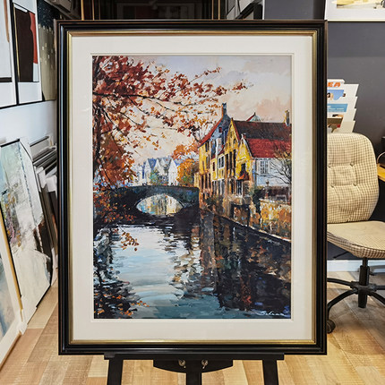 *比利时布鲁日风景房桥河美国进口画芯客厅玄关装饰画高档实木框