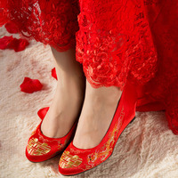爱洛华依中式婚鞋高跟鞋浅口结婚鞋坡跟龙凤鞋秀禾服红色新娘婚鞋