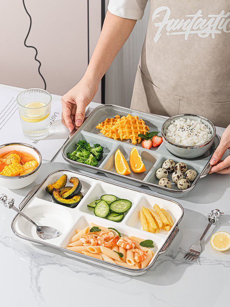 高档陶瓷分格餐盘一人食大人减肥专用网红月子餐具四格早餐盘家用