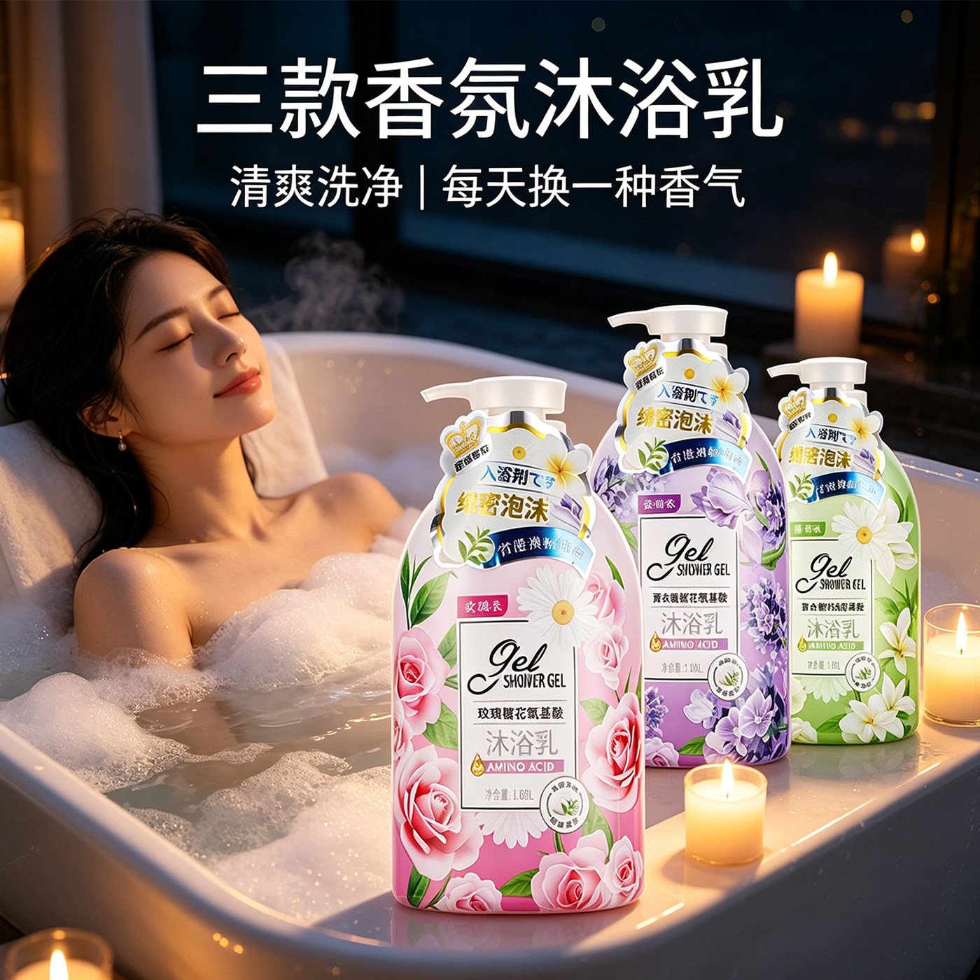 滋润清洁氨基酸绵密泡沫持久留香留香任何肤质沐浴露温和玫瑰味