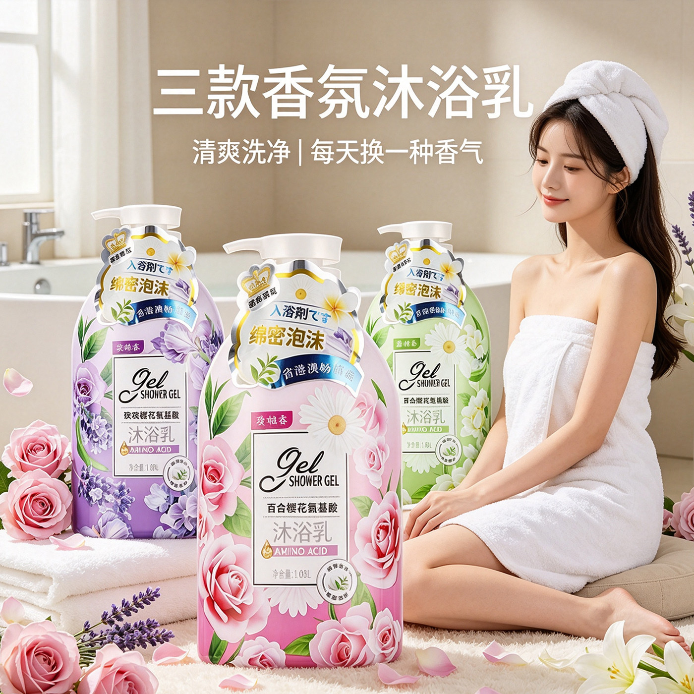 滋润清洁氨基酸绵密泡沫持久留香留香任何肤质沐浴露温和玫瑰味