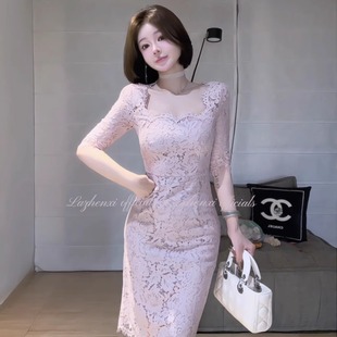 希野逸儿/粉色无袖气质修身显瘦名媛蕾丝连衣裙轻熟风温婉优雅