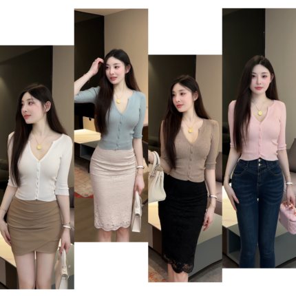 希野逸儿/穿搭百搭纽扣V领修身显瘦性感女人味显身材五分袖开衫女