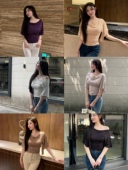 一字肩T恤奶茶色针织喇叭袖 高弹力修身 上衣 轻熟曼调 希野逸儿