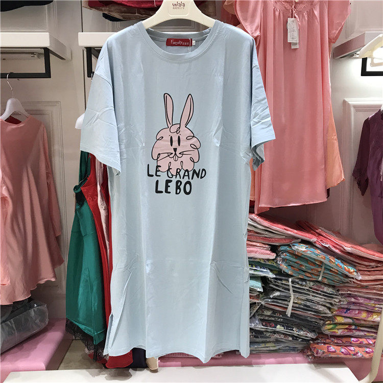 安之伴菲蜜莉2018夏季家居服弹力针织棉素色短袖女睡裙F82A7623