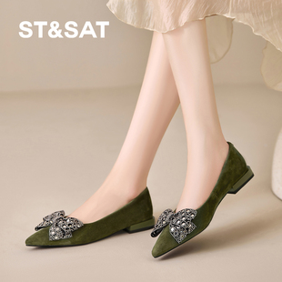 优雅小跟平底通勤鞋 星期六法式 新款 女夏季 复古亮片蝴蝶结浅口单鞋