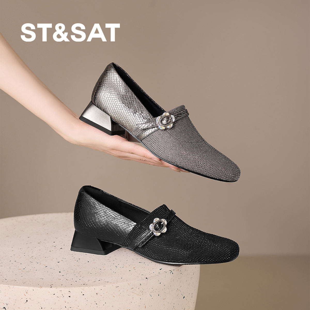 星期六2025新款法式方头深口单鞋女满钻水钻粗跟气质舒适通勤鞋
