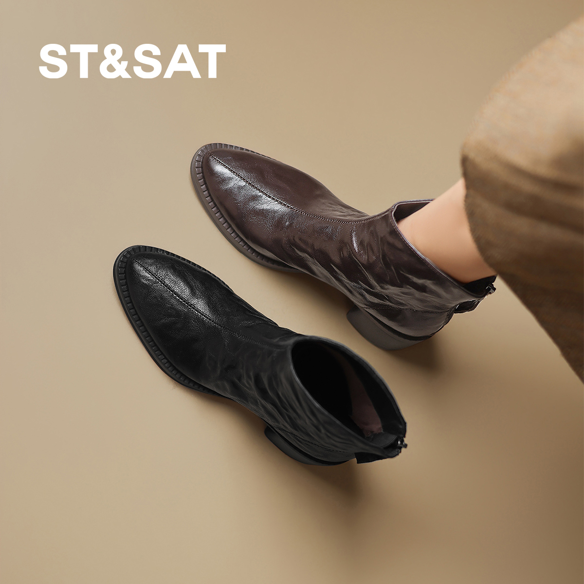 星期六2025新款法式复古方头短靴冬季保暖外穿不累脚百搭切尔西靴