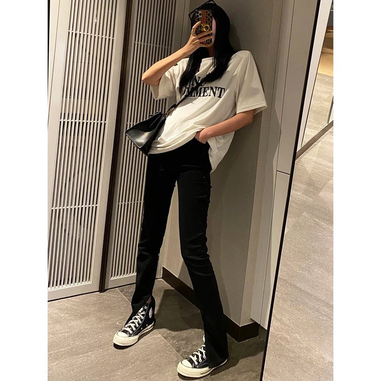 2022春秋新款欧美高腰显瘦直筒弹力紧身黑色开叉牛仔裤女微喇裤子