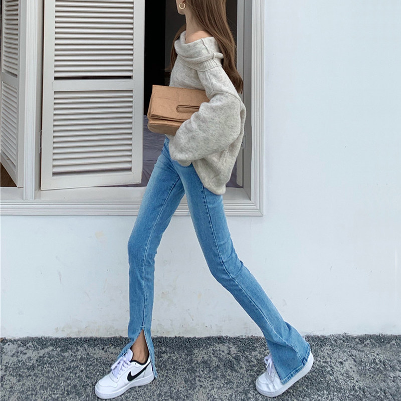 复古欧美风显高开叉牛仔裤女高腰直筒拖地裤春秋修身显瘦微喇长裤