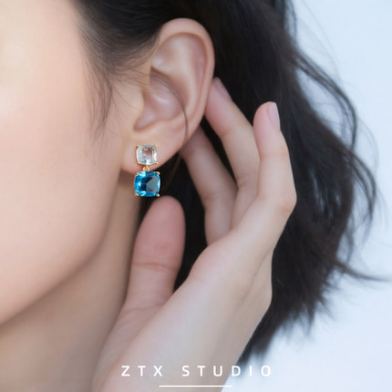 ZTX 绝美蓝色耳夹无耳洞女新款拼色水晶夹耳式耳环无痛蚊香盘耳钉