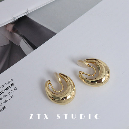 ZTX 欧美圆圈耳夹无耳洞女小众复古金属金色蚊香盘耳饰无痛耳环