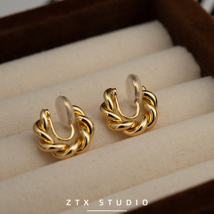 ZTX 麻花小圈耳夹无耳洞女新款高级百搭气质耳饰小众蚊香盘耳环