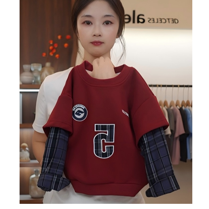 2026新款儿童春秋假两件卫衣男童韩版美式拼接格子字母长袖上衣
