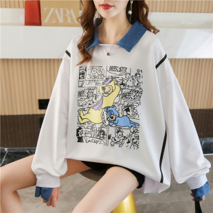 卫衣女潮 设计感牛仔拼接polo领假两件薄款 秋冬季 韩范ins宽松大码