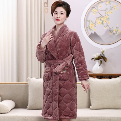 中年女士珊瑚绒夹棉三层加厚睡袍