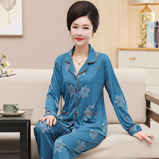 开衫长袖纯棉睡衣女中老年妈妈休闲薄款大码可外穿家居服两件套装