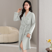 女士睡衣春秋季 浴袍 纯色中老年妈妈家居服薄款 纯棉长袖 睡袍中长款