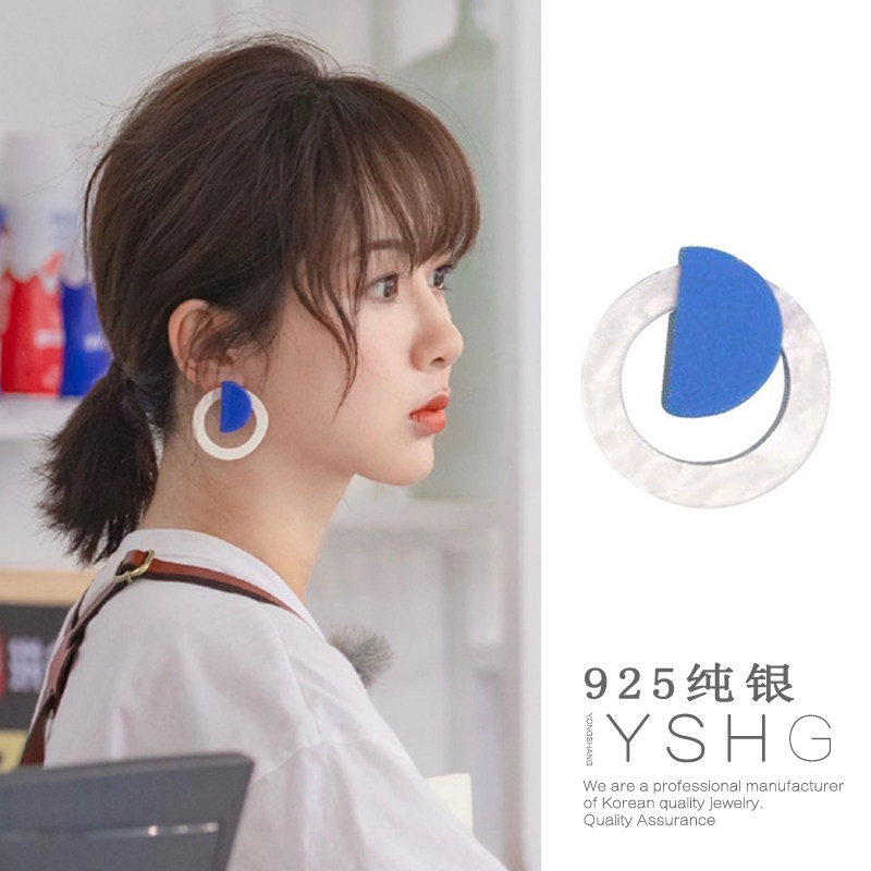 杨紫同款耳环 中餐厅3蓝色蓝白耳钉女925纯银气质个性百搭耳饰