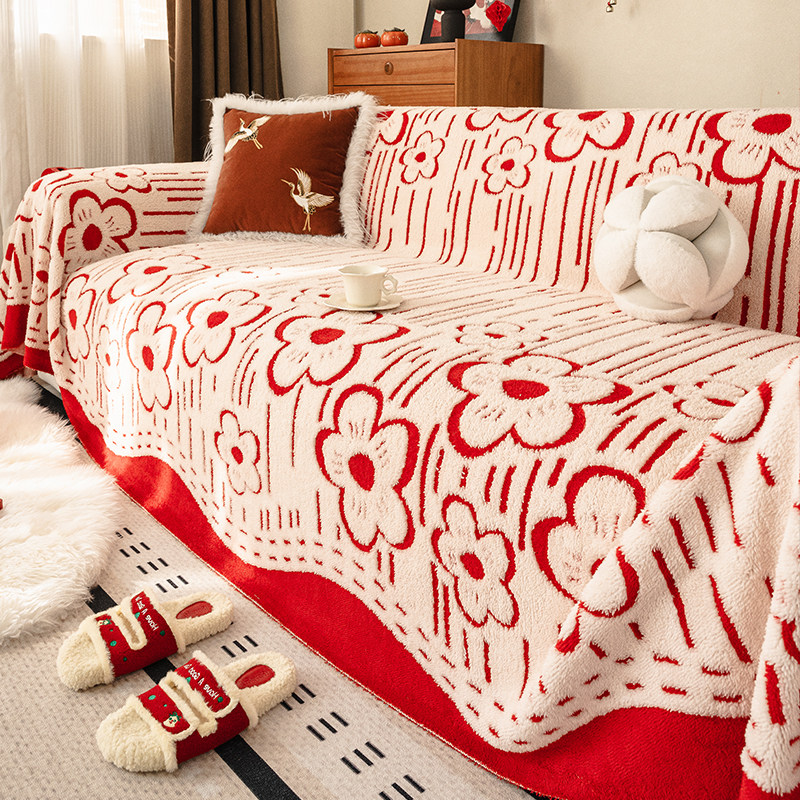 欣欣向绒新中式花朵图案沙发套红色毛绒防滑沙发巾居家装饰盖布,居家布艺,沙发套,淘宝优惠券,粉丝福利购,淘宝优惠卷