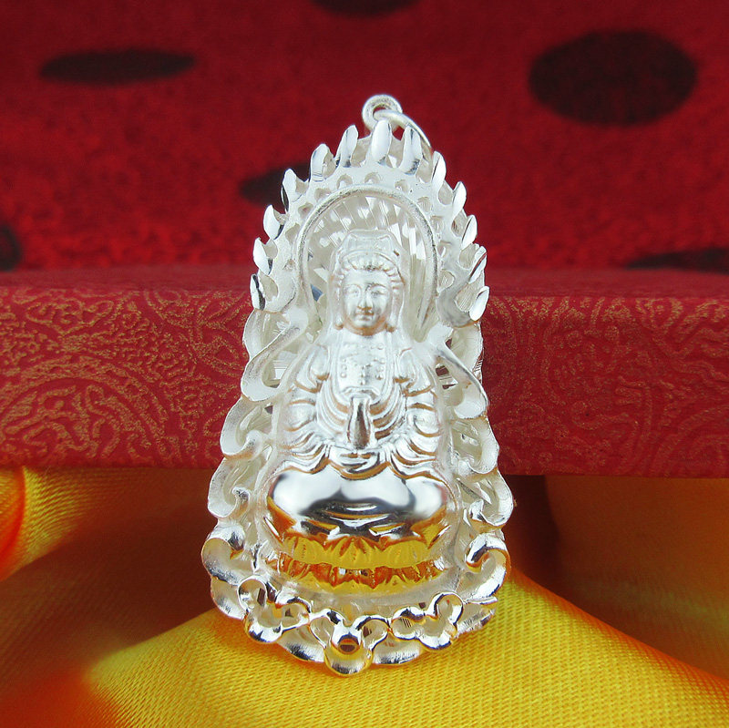 999足银观音项链吊坠 纯银佛像挂坠火焰观音男士保平安宝宝银饰品