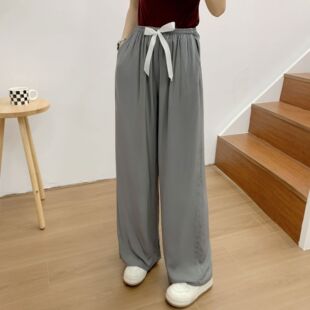棉绸纯色阔腿裤夏季女士薄款防蚊裤有口袋可外穿家居裤宽松长裤