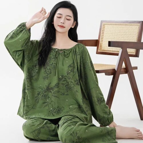 睡衣女春秋款绵绸薄款家居服带口袋可外穿加肥加大棉绸套装