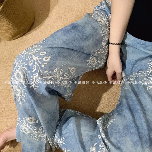 【双口袋】夏季棉绸阔腿裤轻薄花裤防晒度假外穿双兜休闲家居裤