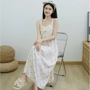夏季新款棉绸睡裙女吊带甜美家居服宽松版印花可外穿睡裙