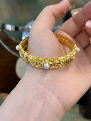 足金黄金古法花丝珍珠手镯送女友礼物