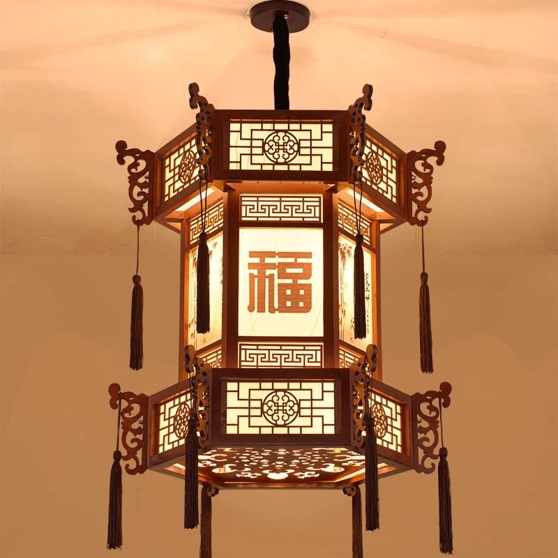 中式复古实木宫灯仿古羊皮吊灯宫廷别墅酒店寺庙长廊亭子六角灯笼