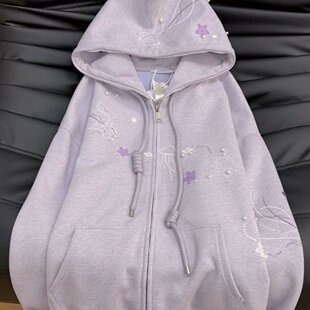 紫色刺绣开衫卫衣女海底世界重工设计感连帽外套春季薄款宽松上衣