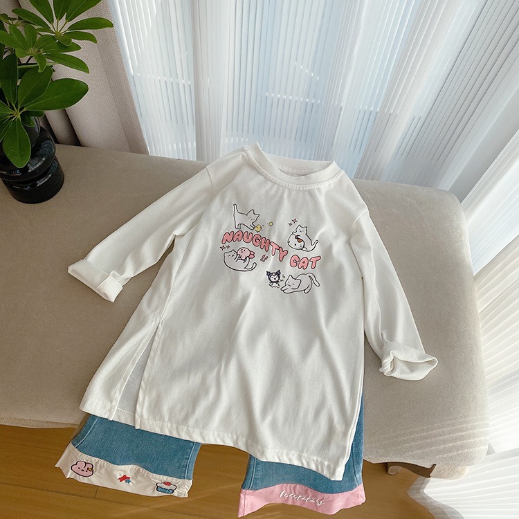 韩国童装儿童长袖T恤2024春季女童卡通印花长款套头打底衫宝宝t恤