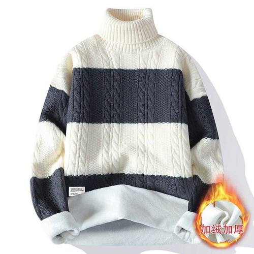 男装冬季新款套头高领条纹加绒加厚长袖毛衣潮男士保暖针织衫