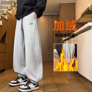 秋冬季加绒长裤子男孩初中学生青少年帅气束脚裤大童加厚休闲卫裤