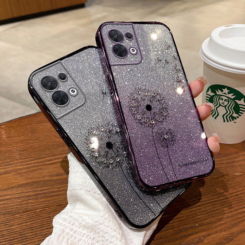 适用蒲公英opporeno8手机壳渐变水钻Reno8pro简约女款reno8pro新款高级感RENO8硅胶防摔por全包5g透明保护套